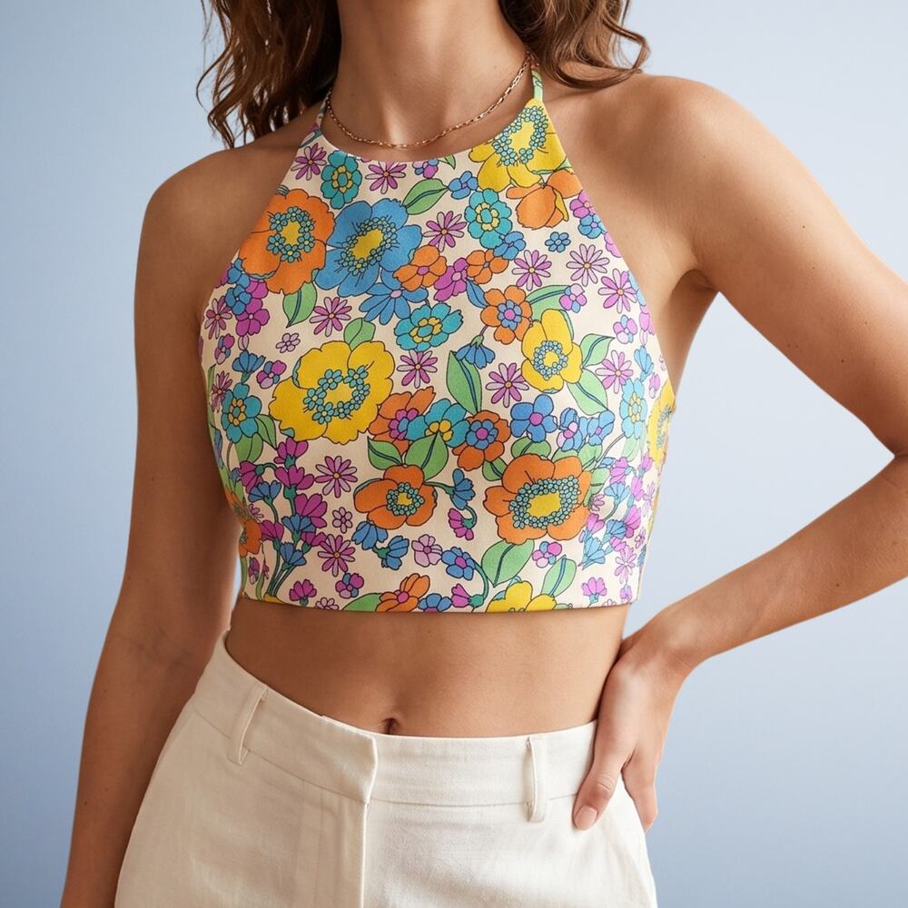 Zara Retro Colorful Floral Print Halter Crop Top Strappy Back Size Small